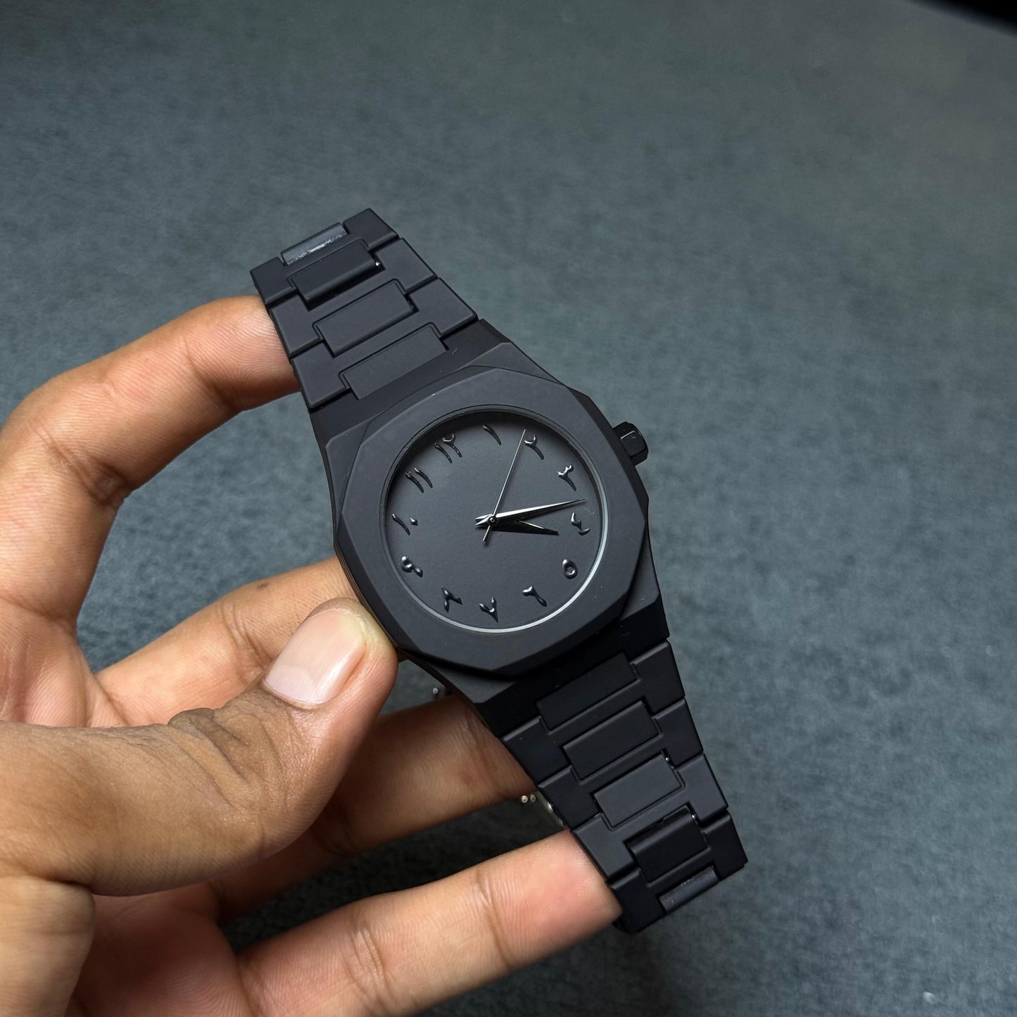 Black arabic aura watch with fiber material
